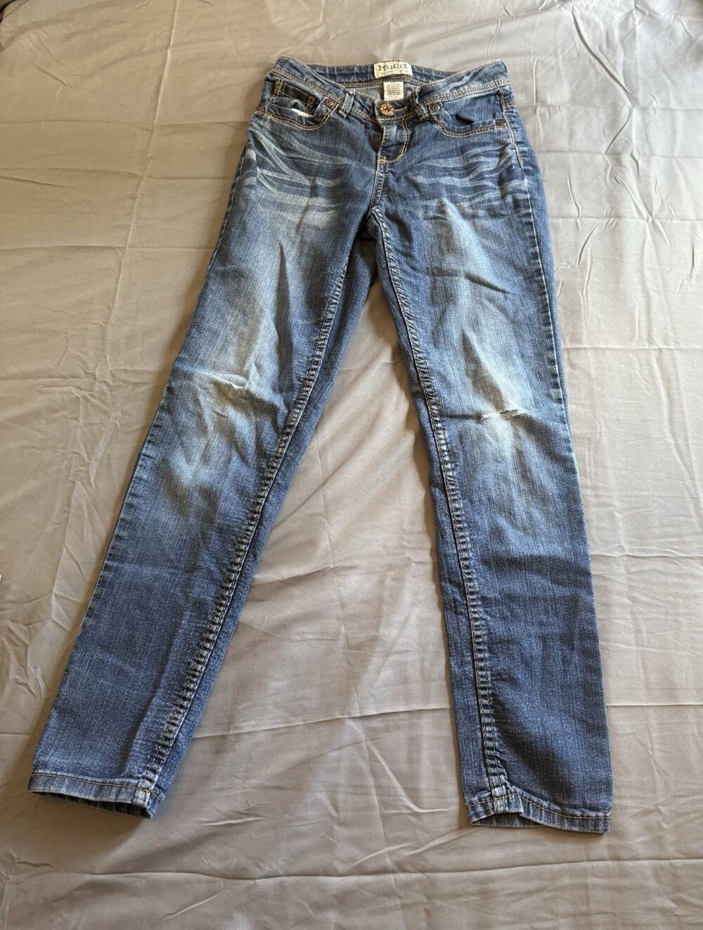 Mudd Jeans Y2K Girls Sz 12s Distressed Worn Medium Wash Love Peace Happiness